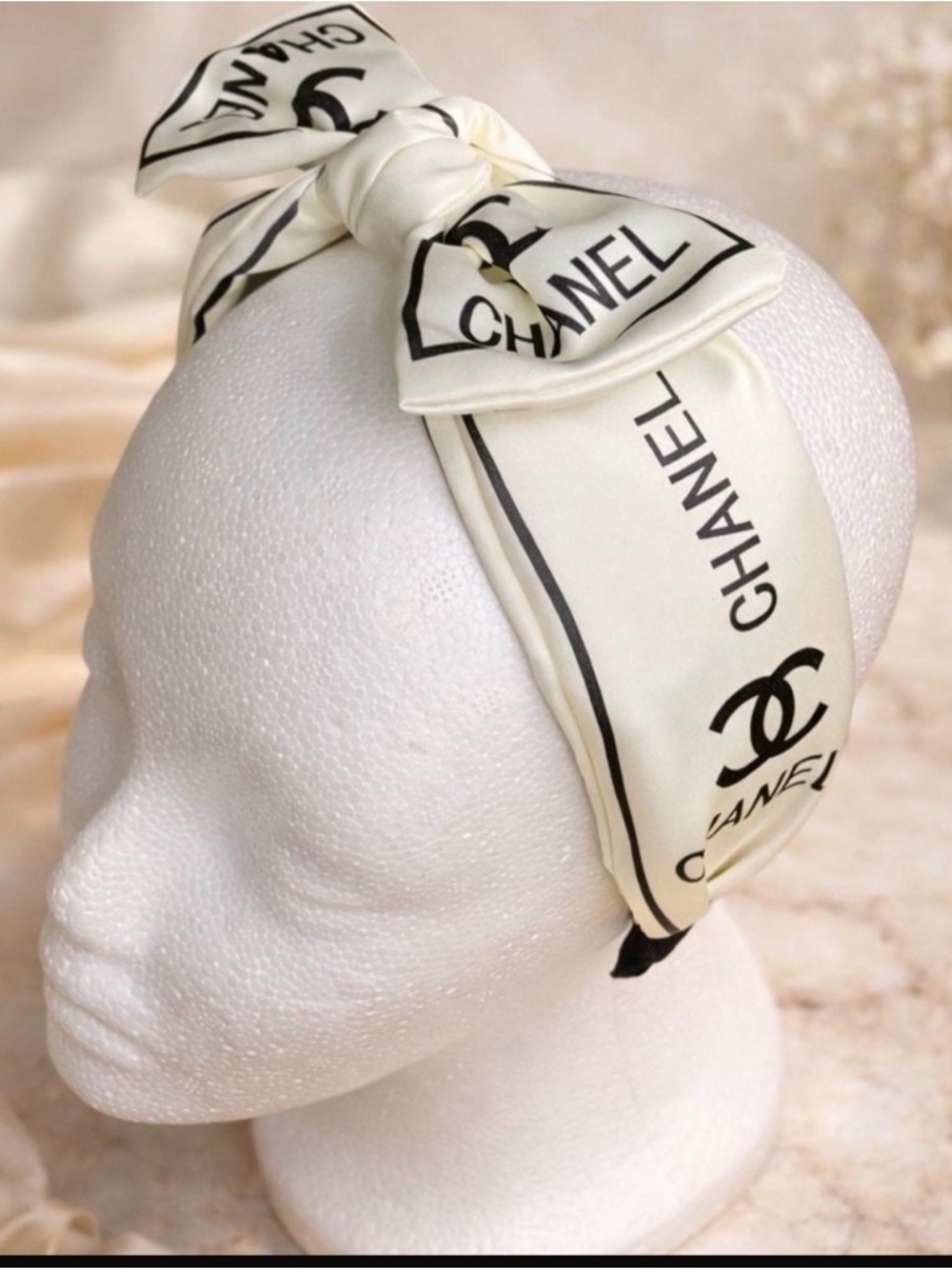GWP Cream and Black Logo Knotted Silk Headband